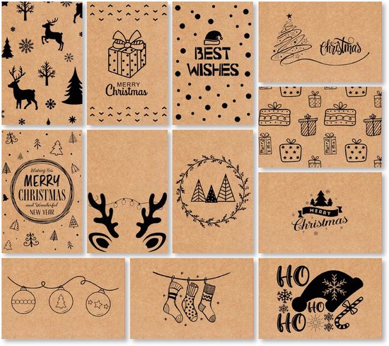 Giftmas Christmas Collection - Grußkarten & Weihnachtskarten Set - 36 Grußkarten mit 12 Motiven - Inklusive Umschläge und Aufkleber - Kraftpapier Karten Set für die Feiertage - 20x15cm