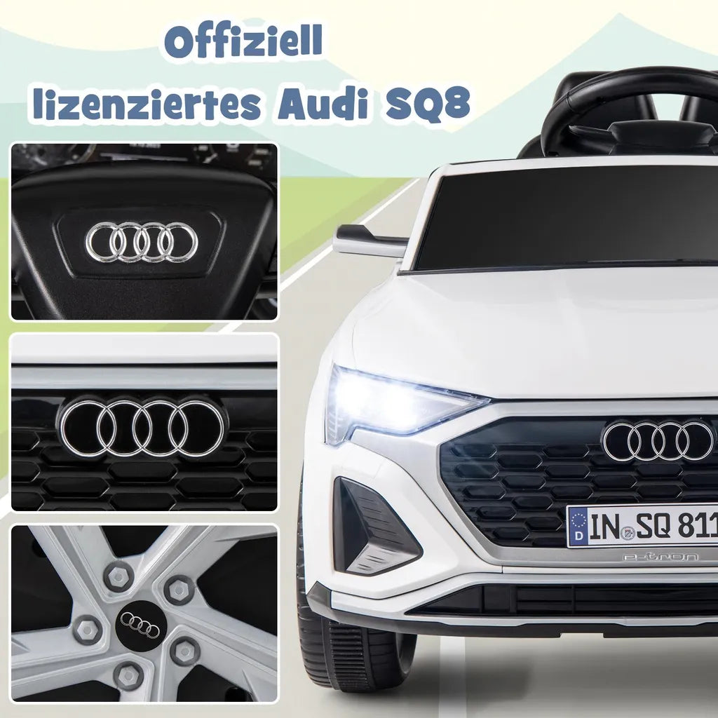 Coast Audi SQ8 Kinderauto Weiß - 12V Elektroauto mit Fernsteuerung, LED und Musik - 98 x 49 x 43 cm
