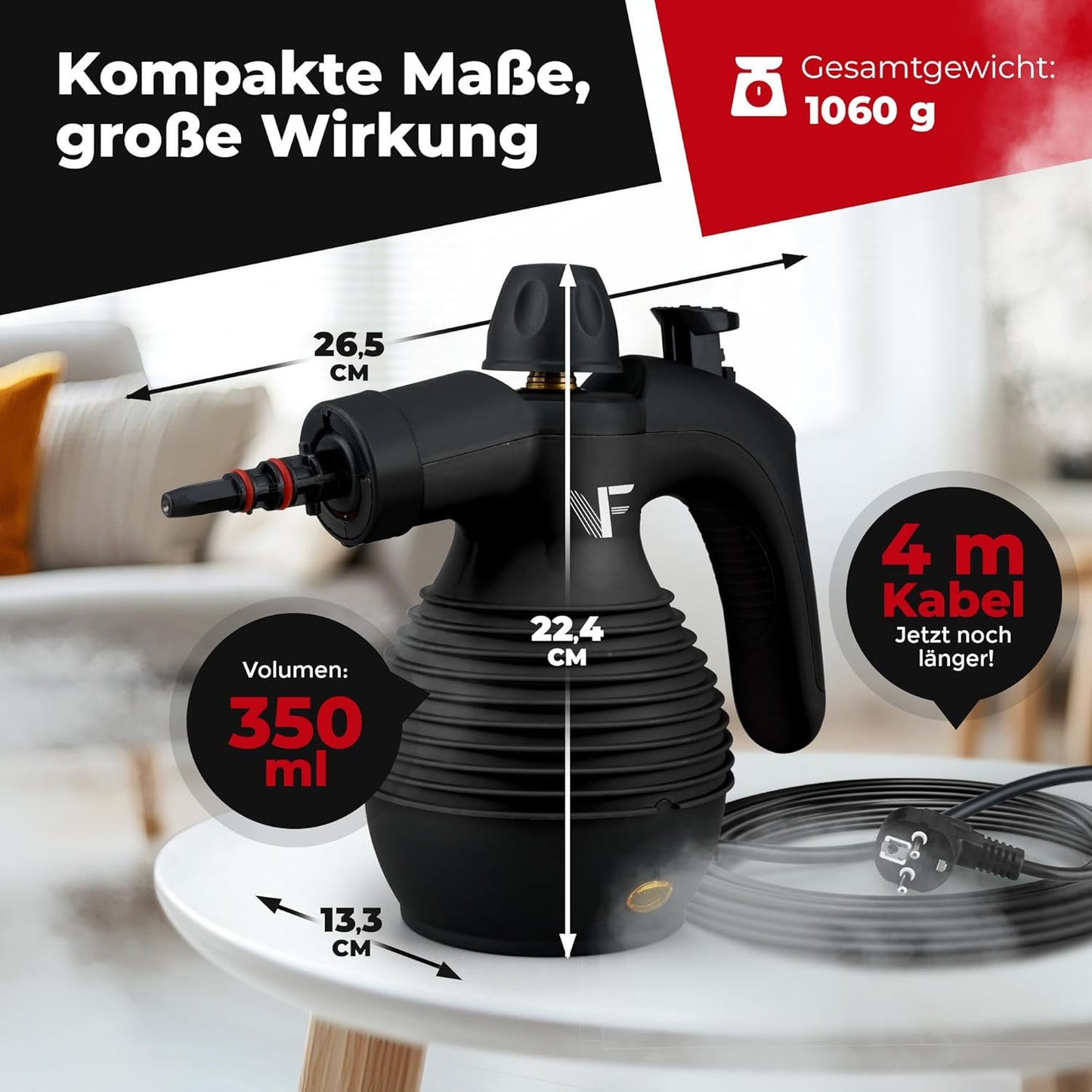 Neighbour's Friend® Dampfreiniger Neues Modell – Leistungsstarker Hand Steam Cleaner, 3,5 Bar Druck, 4m Kabel, 350ml Tank I Handdampfreiniger für Auto, Werkstatt, Haushalt & Fensterreinigung