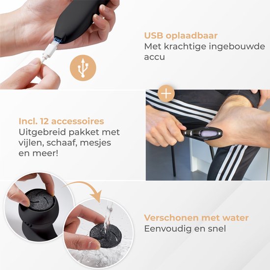 Nuvance - Elektrischer Hornhautentferner - Inkl. 3 Hornhautscheiben - Elektrischer Hornhautentferner - Professionelles Hornhautentferner-Set, 10-teiliges Pediküre-Set - Fußfeile - Usb wiederaufladbar