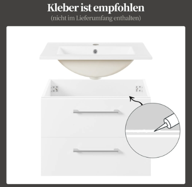 Yaheetech Badezimmerschrank mit Waschbecken – Weiß Hochglanz – 61 x 39,5 x 45,5 cm – Wandmontage, 4 Schubladen, Keramik-Waschbecken