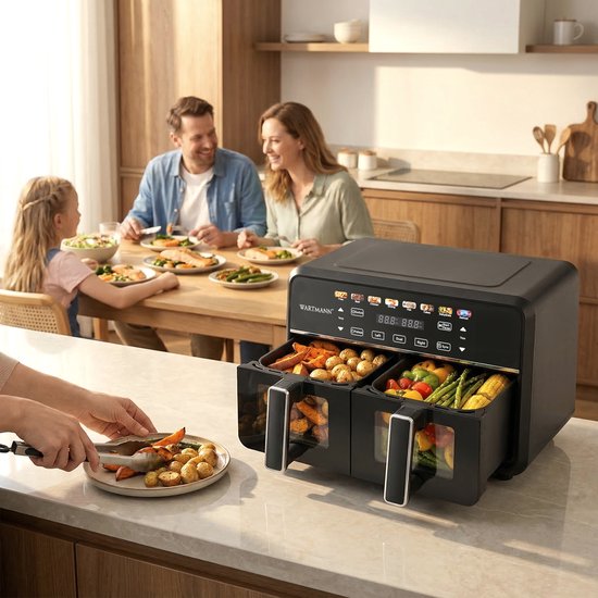 Doppel-Heißluftfritteuse XXL 11 l - PFAS-freie Heißluftfritteuse – Infrarot – Dual Zone – 2 x 5,5 l – 40–200 °C – 8 Kochprogramme – 2850 W – WM-2511 AF – Schwarz