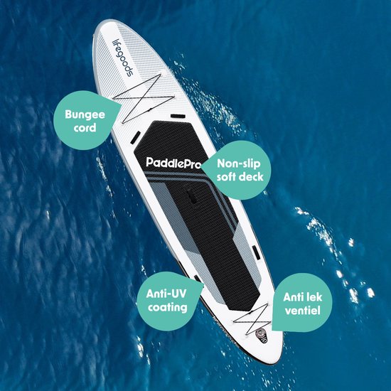 LifeGoods SUP Board Tandem - 2 Personen - 220 KG Belastbarkeit - 381 x 86 cm - Aufblasbar - Komplettes SUP Paket - Weiß/Schwarz