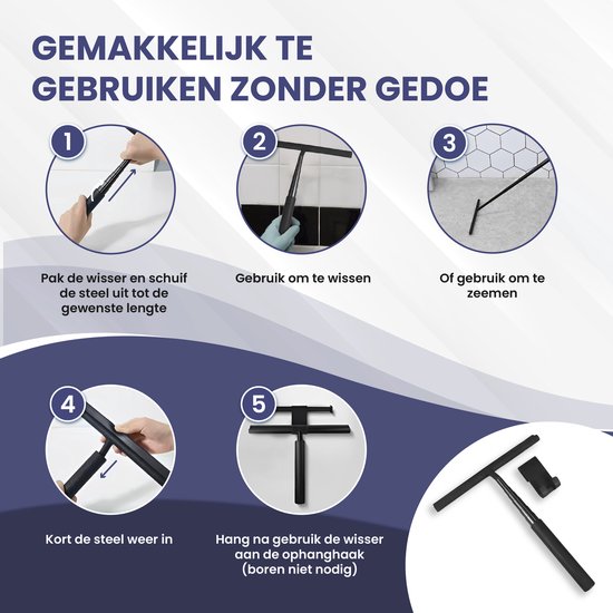 TTD® Duschwischer 2-in-1 mit ausziehbarem langem Stiel - 97 cm - Silikonwischblatt - Ergonomisch - Mit Mikrofasertuch und Aufhängehaken - Duschabzieher - Badezimmer-Bodenwischer - Bodenwischer - Schwarz