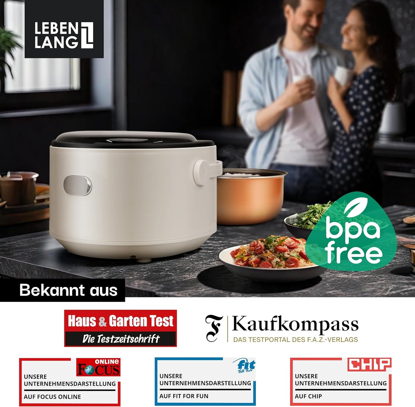 LEBENLANG Digitaler Reiskocher 0.8L Beige - Kompakter elektrischer Reiskocher mit Warmhaltefunktion, Timer & 5 Kochmodi - Für 2 bis 4 Personen - 30x26x22 cm