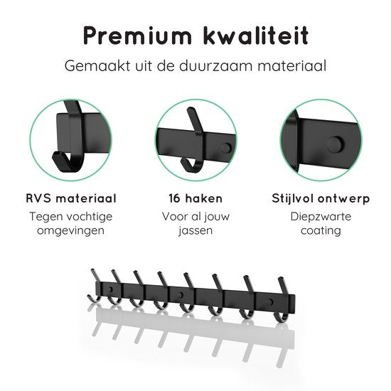 Volcan Wandgarderobe - 16 Haken - Edelstahl - Wandgarderobe zum Aufhängen - Industriell - 3M-Band - Schwarz