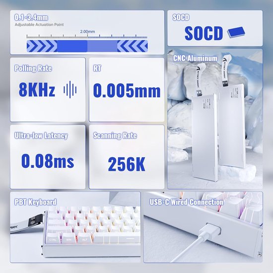ATTACK SHARK X68MAX HE – Kabelgebundene Gaming-Tastatur mit Magnetschalter – CNC-gefrästes Aluminium – 68 Tasten – RGB – PBT-Tasten mit seitlicher Beschriftung – Dekorative Tastenkabel – 8 kHz – 0,005 mm RT – 0,08 ms – Weiße Umrandung