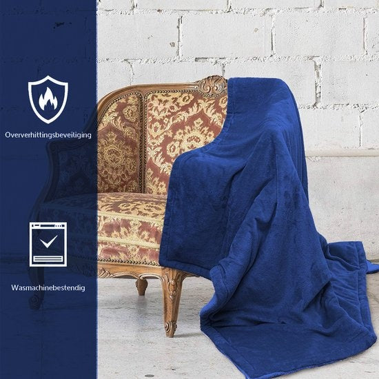 Elektrische Fleece-Heizdecke - 1/2 Person kariert/Sherpa - 180x130 cm Kuscheldecke - Waschmaschinenfest - Couverture chauffante - 6 Heizstufen - Blau