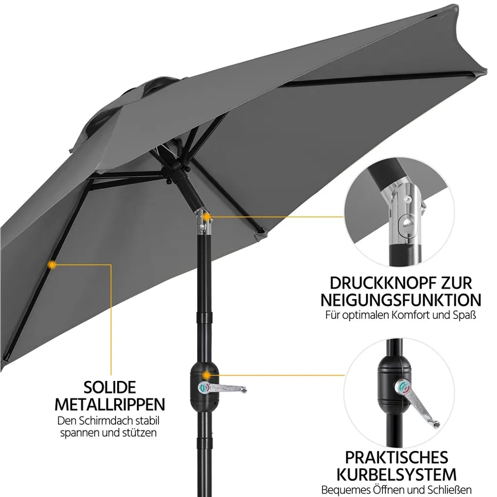 Yaheetech Sonnenschirm Ø 226 cm – Grau – 226 x 226 x 240 cm – Mit Schwenk- und Neigungsfunktion