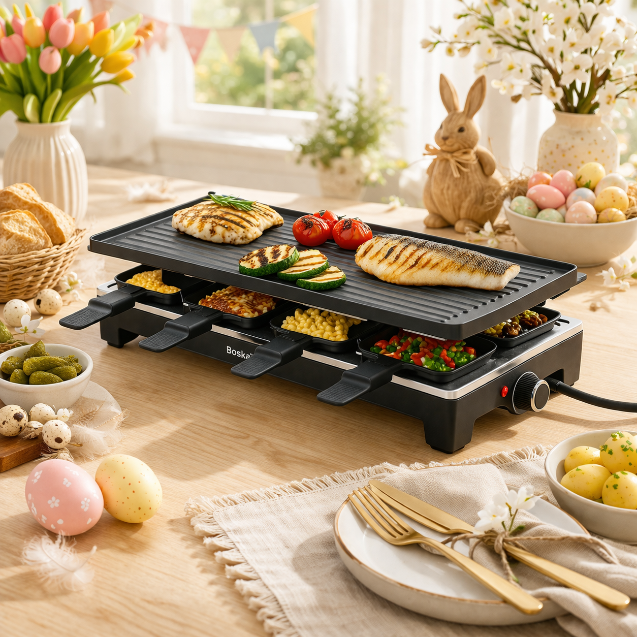 KitchenBrothers Gourmet Set - 1500W - Gourmetteller 8 Personen - Set mit Pfannen und Spateln - 46,5 x 23 cm - Schwarz