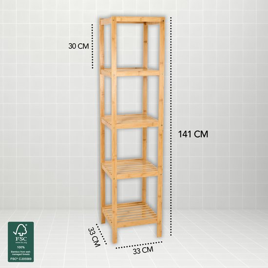 Brixy Badezimmerregal - Badezimmermöbel - 5-Schicht - 141x33x33cm - Badezimmerschrank - Bambus