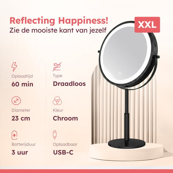 Fraay® XXL Make-up-Spiegel mit LED-Beleuchtung – 10-fache Vergrößerung – Vergrößerungsspiegel mit Licht – Wiederaufladbar – Rasierspiegel – Badezimmerspiegel – Schwarz
