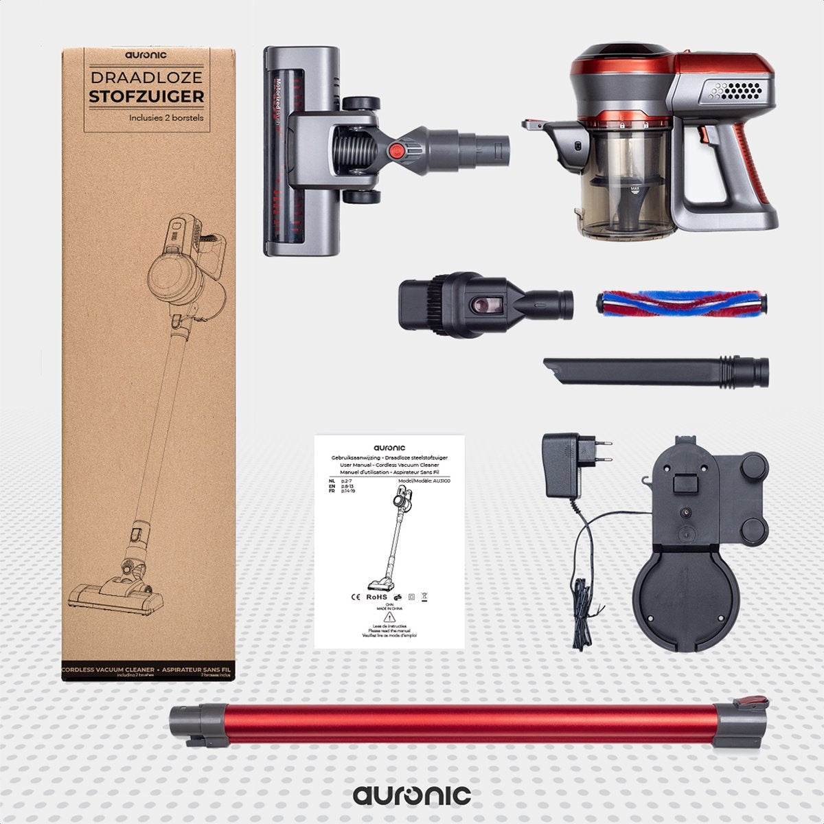 Auronic Stabstaubsauger kabellos - Beutellos - 4-in-1 - Akkubetrieben - 160W - Rot/Grau