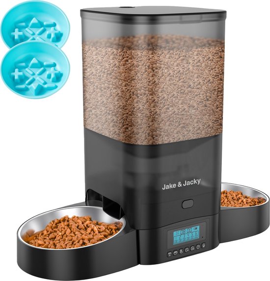 Jake and Jacky Futterautomat für Katzen und Hunde - 5 Liter - Inklusive 2 Edelstahl-Futterautomaten & 2 Langsam-Futterautomaten - Futterspender & Anti-Snack-Eimer - Futterspender - Futterautomat für Katzen & Hunde - Schwarz