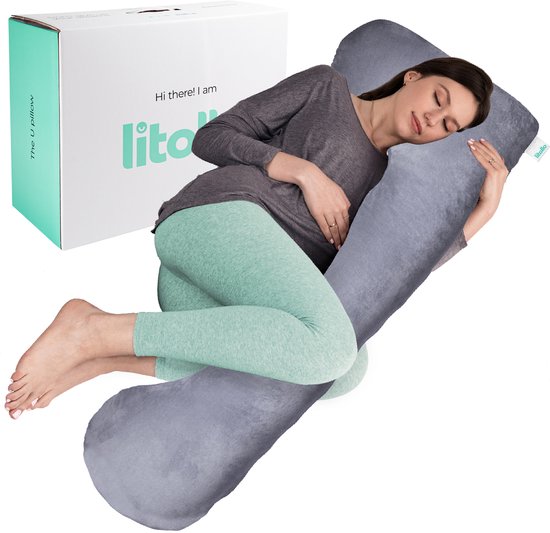 Litollo® Schwangerschaftskissen XL – Stillkissen – Körperkissen – Body Pillow – 140 cm – Abnehmbarer Bezug – Grau – Fleece