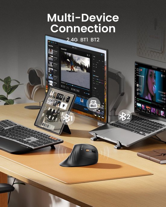 Ergonomische vertikale Maus – Kabellose ergonomische Maus – Bluetooth & 2,4 GHz – Über USB-C aufladbar – Für 3 Geräte – Einstellbare DPI – Geräuscharm – Schwarz (für Rechtshänder)