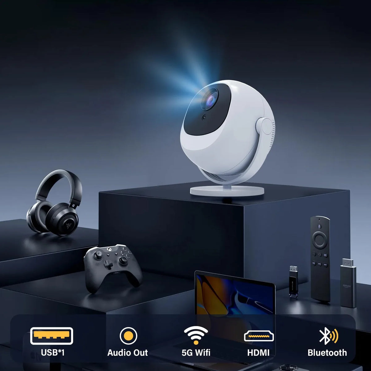 XBJ 360°-Projektor – Full HD 1080p – 4K-kompatibel – 900 ANSI-Lumen – 200-Zoll-Bild – WLAN & Bluetooth