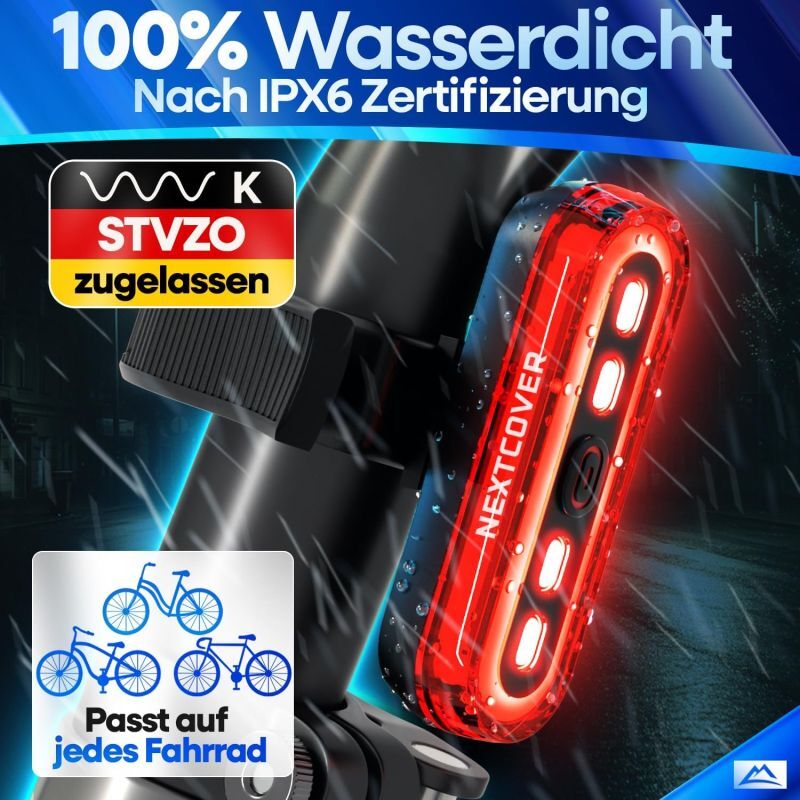 Nextcover Fahrradrücklicht - LED - Bremslicht - USB - 8U Batterie - Schwarz