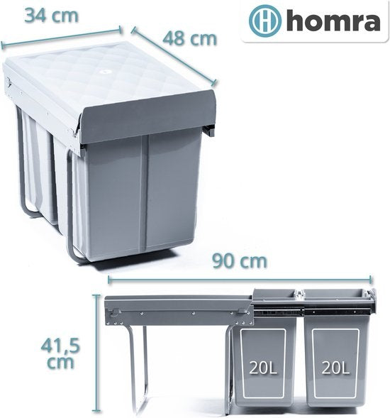 Homra - Einbau-Abfalleimer - 34 x 48 x 41,5 cm - 2x20L - 2 Behälter - Küche - Grau