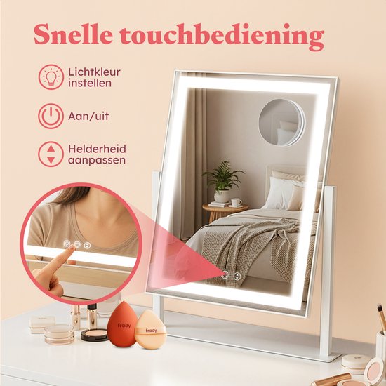 Fraay® Hollywoodspiegel mit Beleuchtung 41x30cm - 3 Lichtstufen - Schminkspiegel mit 10-facher Vergrößerung - LED-Streifenbeleuchtung dimmbar - inkl. Beauty Blender und Puderquaste
