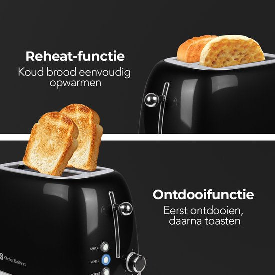 KitchenBrothers - Retro-Toaster - 6 Heizstufen - 2 extra breite Schlitze - Aufwärm- und Auftaufunktion - Schwarz