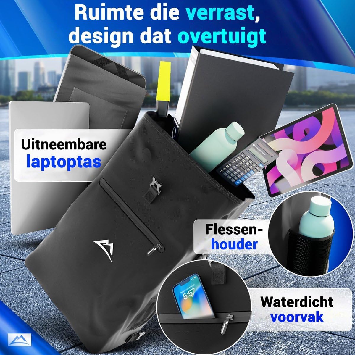 Nextcover 3-in-1-Fahrradtasche – Rucksack und Umhängetasche – Wasserdicht – Laptopfach – 25 Liter – Schwarz