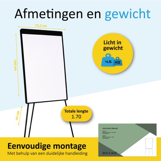 BRASQ Flipchart - 70x100 cm - Verstellbares Whiteboard - Inklusive 25 Blatt Papier, 4 Marker, 8 Magnete, Radiergummi - Magnettafel mit Haken - Magnettafel - Schwarz