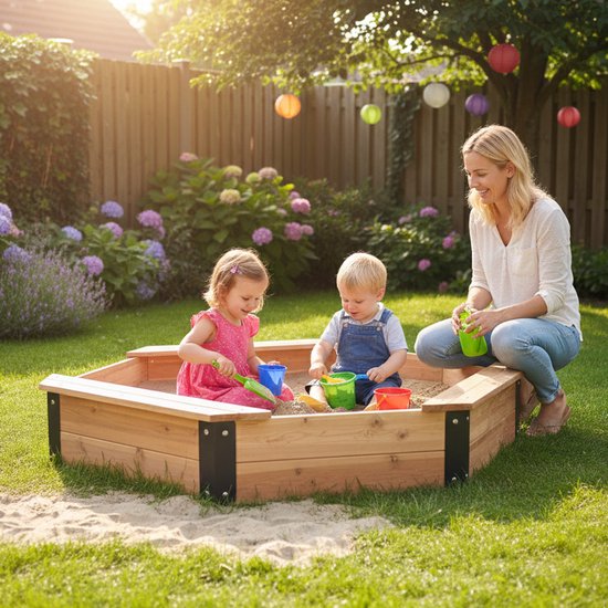 AXI Onno XL Sandkasten 150 x 150 x 23 cm in Braun/Anthrazit – Mit Sitzbänken – Mit Schutzhülle – 100 % FSC-zertifiziertes Zedernholz – Großer Sandkasten für Kinder