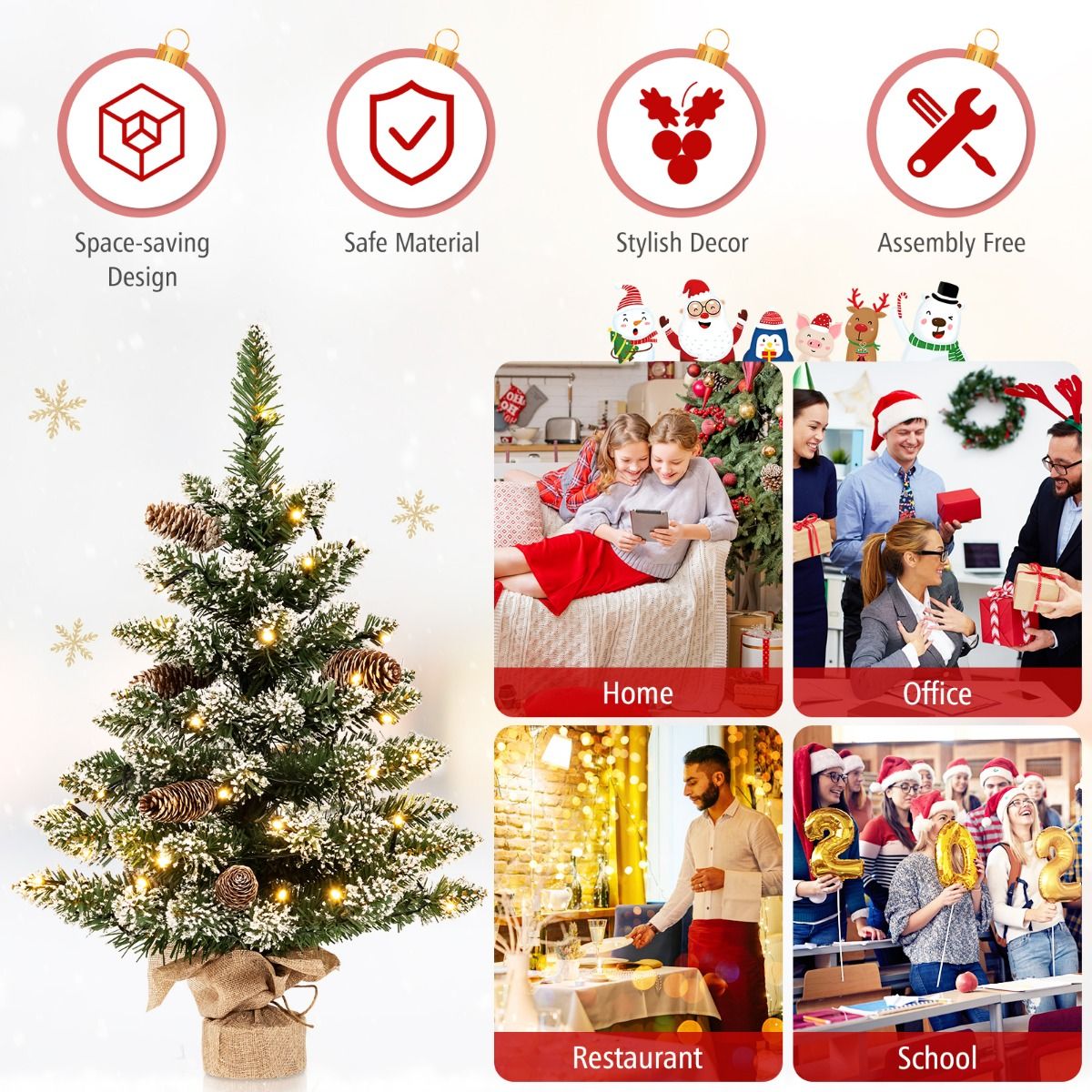 Coast Künstlicher Weihnachtsbaum Tischplatte 64 cm Grün - Mini-Weihnachtsbaum mit Schnee - 50 LED-Lichter - 8 Lichtstufen