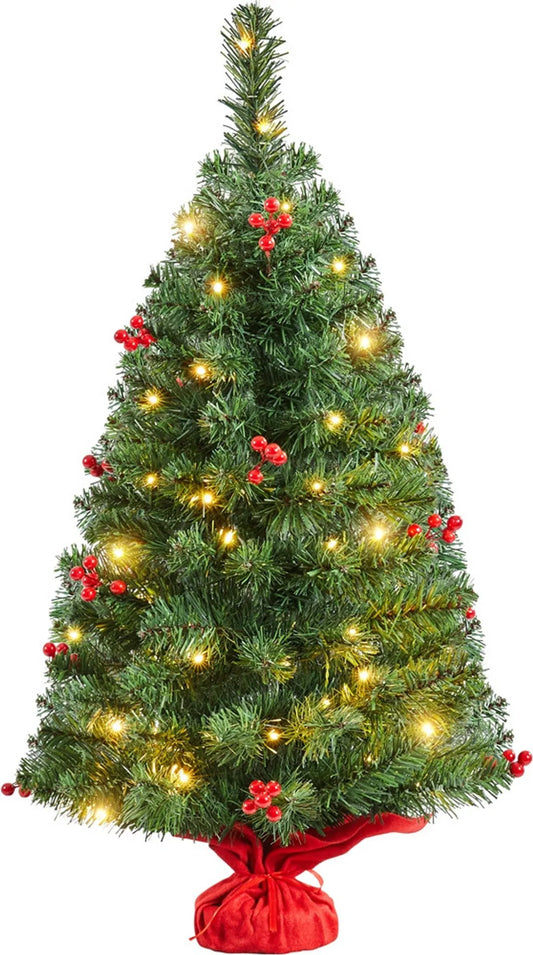 Yaheetech Tisch-Weihnachtsbaum mit Lichtern - 48 x 48 x 90 cm - Ausgestattet mit 50 LED-Lichtern und 60 roten Beeren und Betonsockel mit rotem Tuch - Für Sideboard und Büro - Grünes PVC und Beton