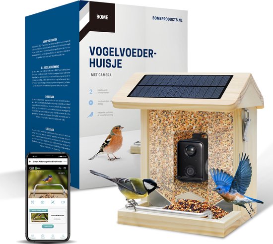 BOME - Vogelfutterautomat - Kamera und Audio - AI-Vogelerkennung - Holz - Doppeltes Solarmodul - Hängend