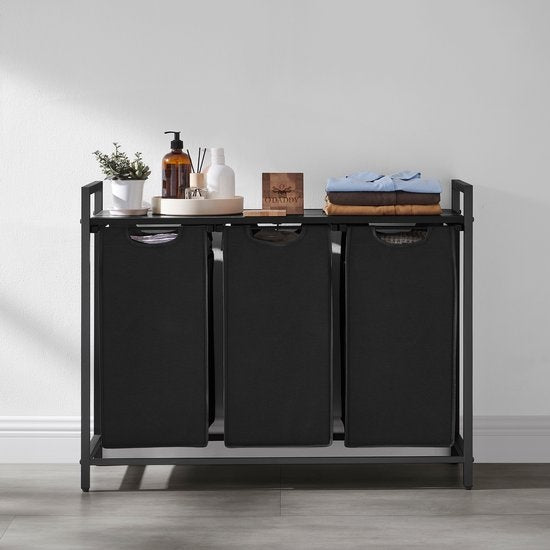 O'DADDYÂ¬Ã† Wäschekorb 3 Fächer - Wäschesortierer - ausziehbar mit Regal - 92,5 x 33 x 71 cm - Wäschekorb - 114L unterteilt in 3 Fächer - Wäschekörbe - Wäschekorb schwarz Metall - dunkelgrau