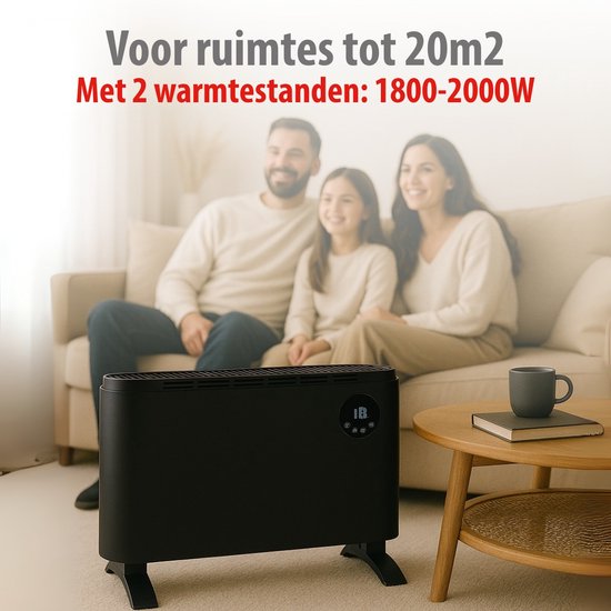 alpina Elektroheizung 2000 W – Elektrische Konvektorheizung – Heizgerät mit einstellbarem Thermostat und 3 Heizstufen – Freistehend oder zur Wandmontage – Schwarz
