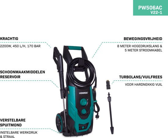 VONROC Hochdruckreiniger V22-1 2200W - 170 bar - 450 l/h - Inkl. 8m Schlauch, Reinigungsmitteltank, Düsen und Zubehör