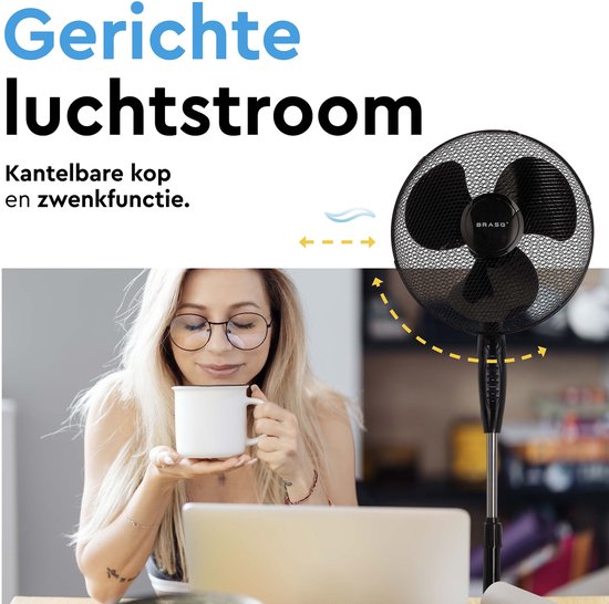 BRASQ Stativventilator - 40 cm - Schwarz - Mit Fernbedienung - Timer - Schlafmodus - Höhenverstellbar - Leiser Ventilator - 40 Watt
