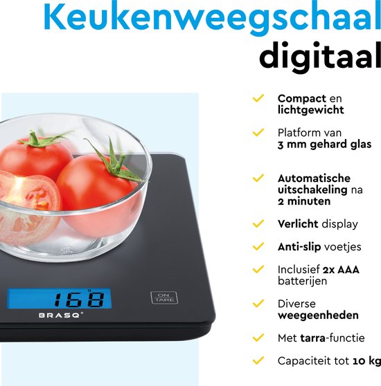 BRASQ Digitale Küchenwaage Schwarz - Inklusive Batterien - Küchenwaage mit Tara-Funktion - Wägebereich 10 KG - Präzisionswaage