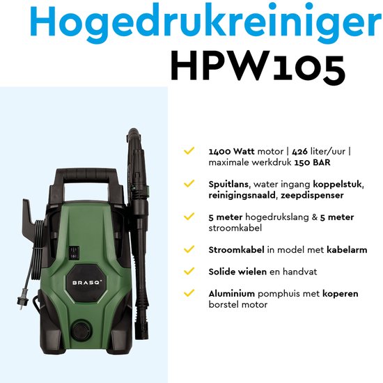 BRASQ HPW 105 Hochdruckreiniger - Terrassenreiniger - Hochdruckreiniger - 1400W - 105 bar - 426 L/H - Komplettset