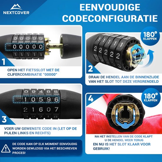 NEXTCOVER® - Digit Lock Fahrradschloss - Das Original - [SAFESECURE] - Fahrradschloss mit 5-stelligem Zahlencode, Zahlenschloss Fahrradstahl - Rot
