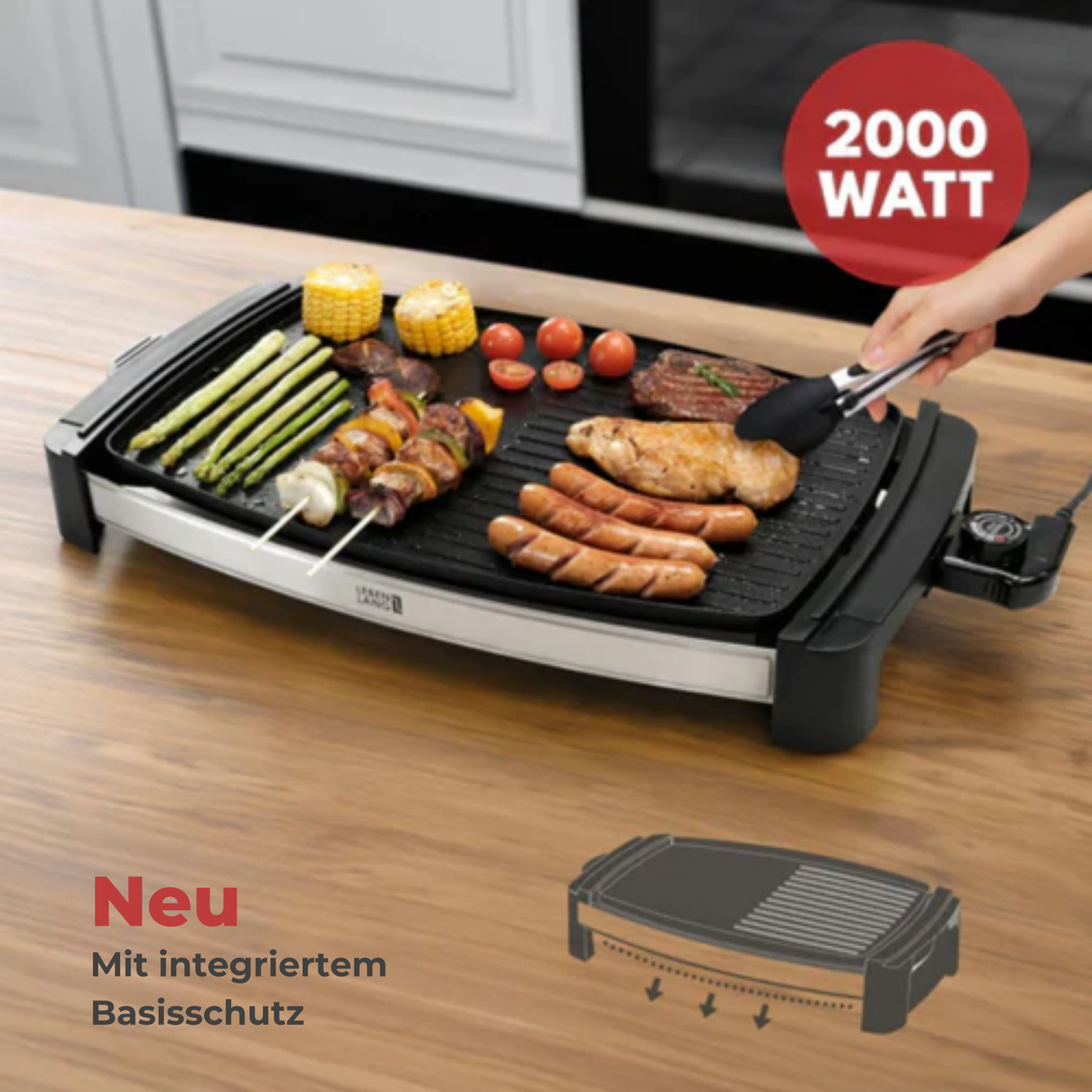LEBENLANG Elektro-Grillplatte - 2000 Watt - 4 bis 8 Personen - Für drinnen & draußen - 32,1 x 54,5 x 6,5 cm - Schwarz