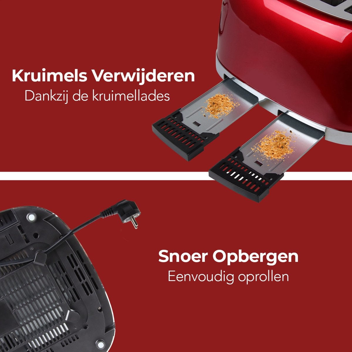 KitchenBrothers Retro-Toaster - 6 Heizstufen - 4 extra breite Schlitze - 1630W - Aufwärm- und Auftaufunktion - Rot
