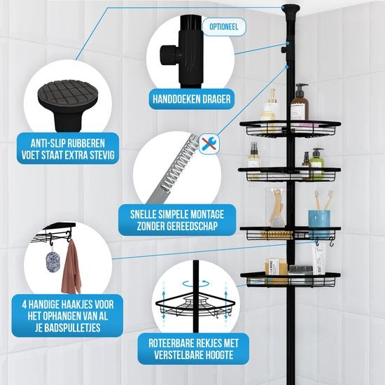 Strex - Eck-Duschablage - Verstellbar 70-275 cm - 4 Körbe - Ohne Bohren oder Schrauben - Schwarz