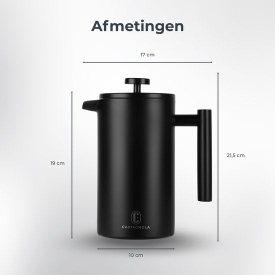 Castagnola Cafetière - Doppelwandige Kaffeemaschine - French Press - Edelstahl - 1 Liter - Schwarz
