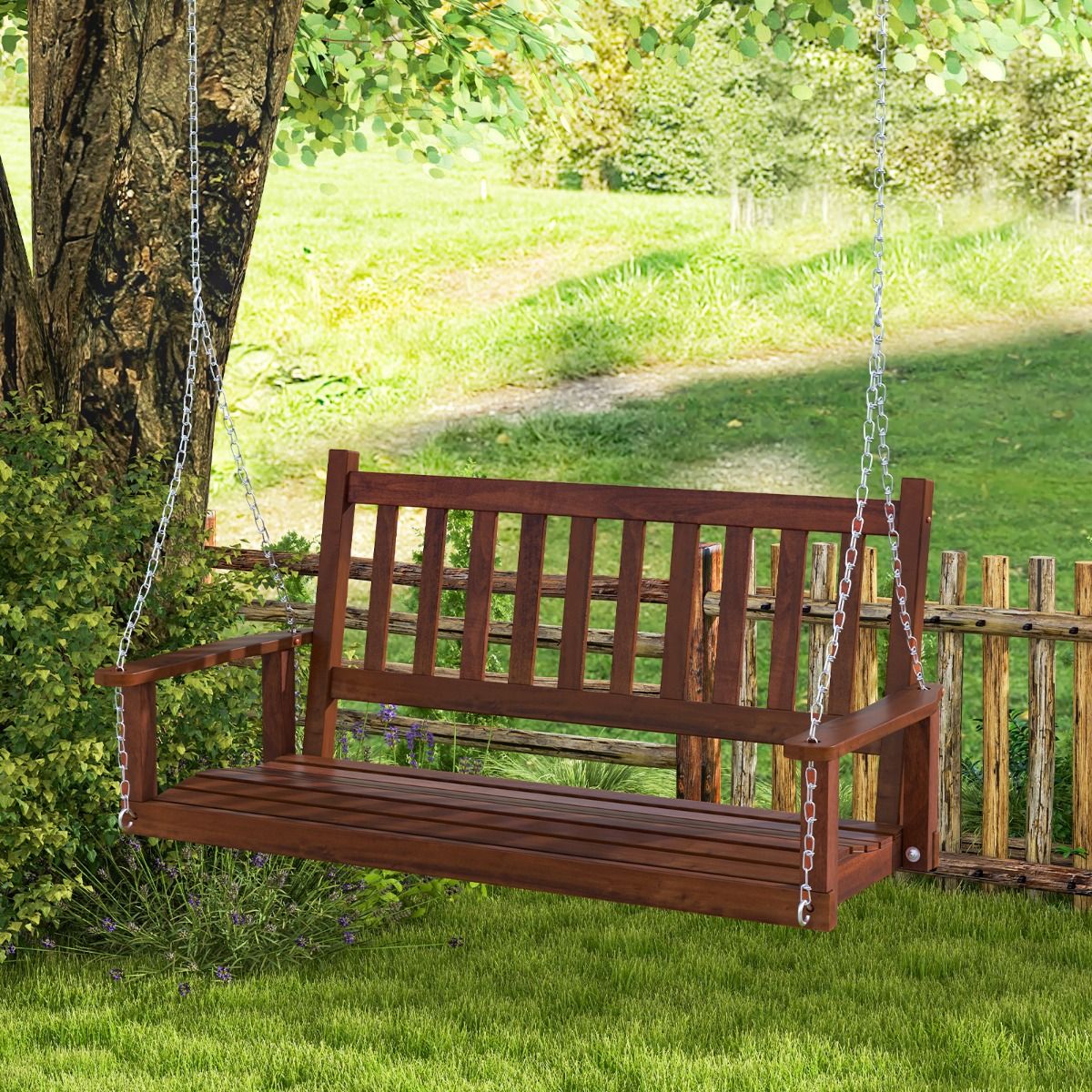 Coast Holz-Außen-Schaukelbank – 3-Sitzer – Verstellbare Ketten – Braun 168 x 65 x 63 cm