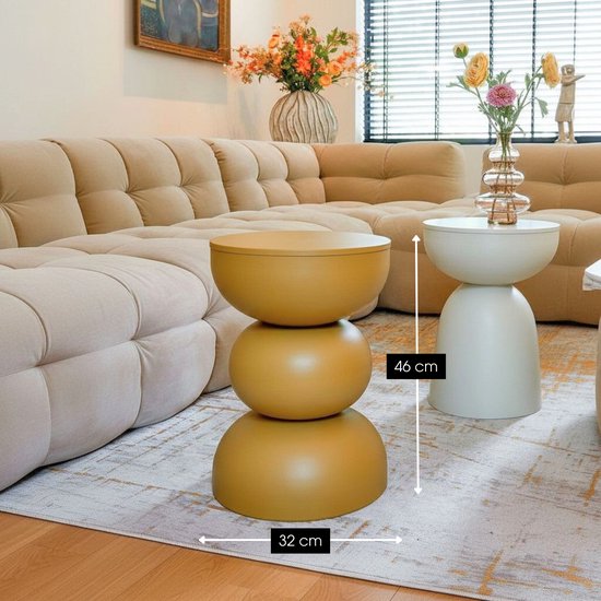 Mica Decorations Luna Beistelltisch – Runder Beistelltisch H46 x Ø32 cm – Eisen-Beistelltisch für Schlafzimmer oder Wohnzimmer – Nachttisch oder Pflanzentisch – Ockergelb