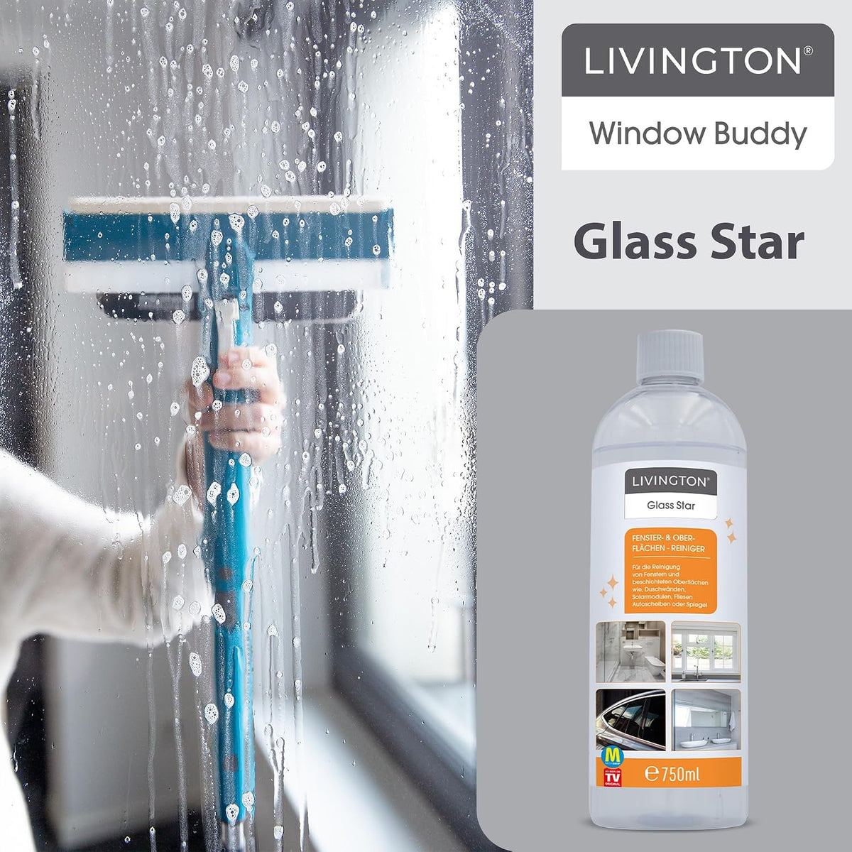Livington GlassStar Glas- und Oberflächenreiniger 2 x 750 ml – Für den Livington Window Buddy – Streifenfrei – Geruchsneutral