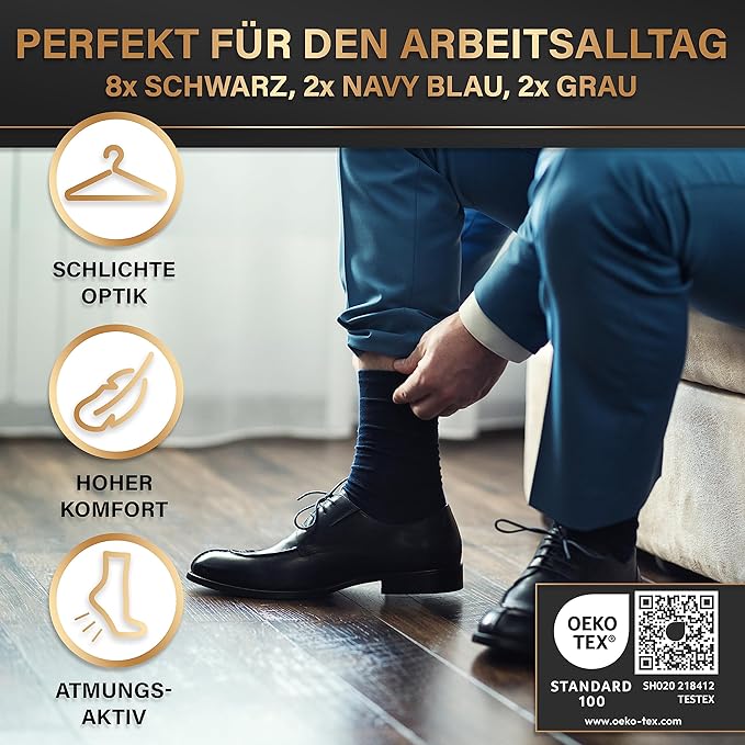 HELDENWERK Herren Socken aus atmungsaktiver Baumwolle ohne drückende Naht, Business Herrensocken, Anzugssocken - Größe 39-42 - (8 x schwarz, 2 x grau, 2 x marineblau)