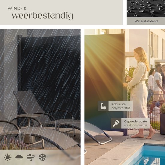 tectake® Ausziehbarer Windschutz mit Aufrollmechanismus – 300 x 200 cm – Seitenmarkise mit Aluminiumrahmen – Sonnenschutz – Gartenschutz – Schwarzer Balkon-Sonnenschutz – Undurchsichtiger Sichtschutz – Markisentuch