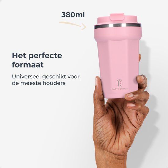 Castagnola Thermosbecher - Kaffeebecher To Go - Reisebecher für Kaffee und Tee - Teebecher - 380 ML - Edelstahl - Rosa - Achteck