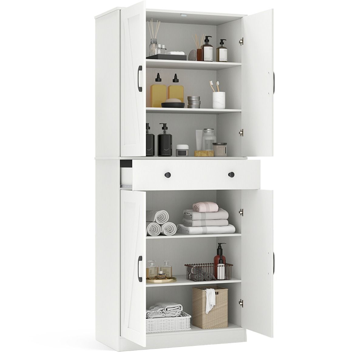 Coast Küchenschrank 77x39x183 cm Weiß - Moderner Schrank im Landhausstil mit 4 Flügeltüren, 3 verstellbaren Einlegeböden, Schublade und Kippsicherung