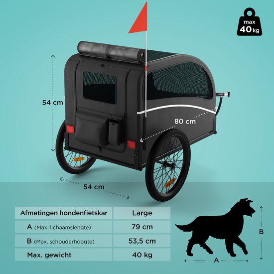 Trevopet® Hundefahrradanhänger - Faltbarer Fahrradanhänger Hund - Hundeanhänger - Geeignet für E-Bikes - Bis zu 40 kg - Für mittlere & große Hunde - Schwarz